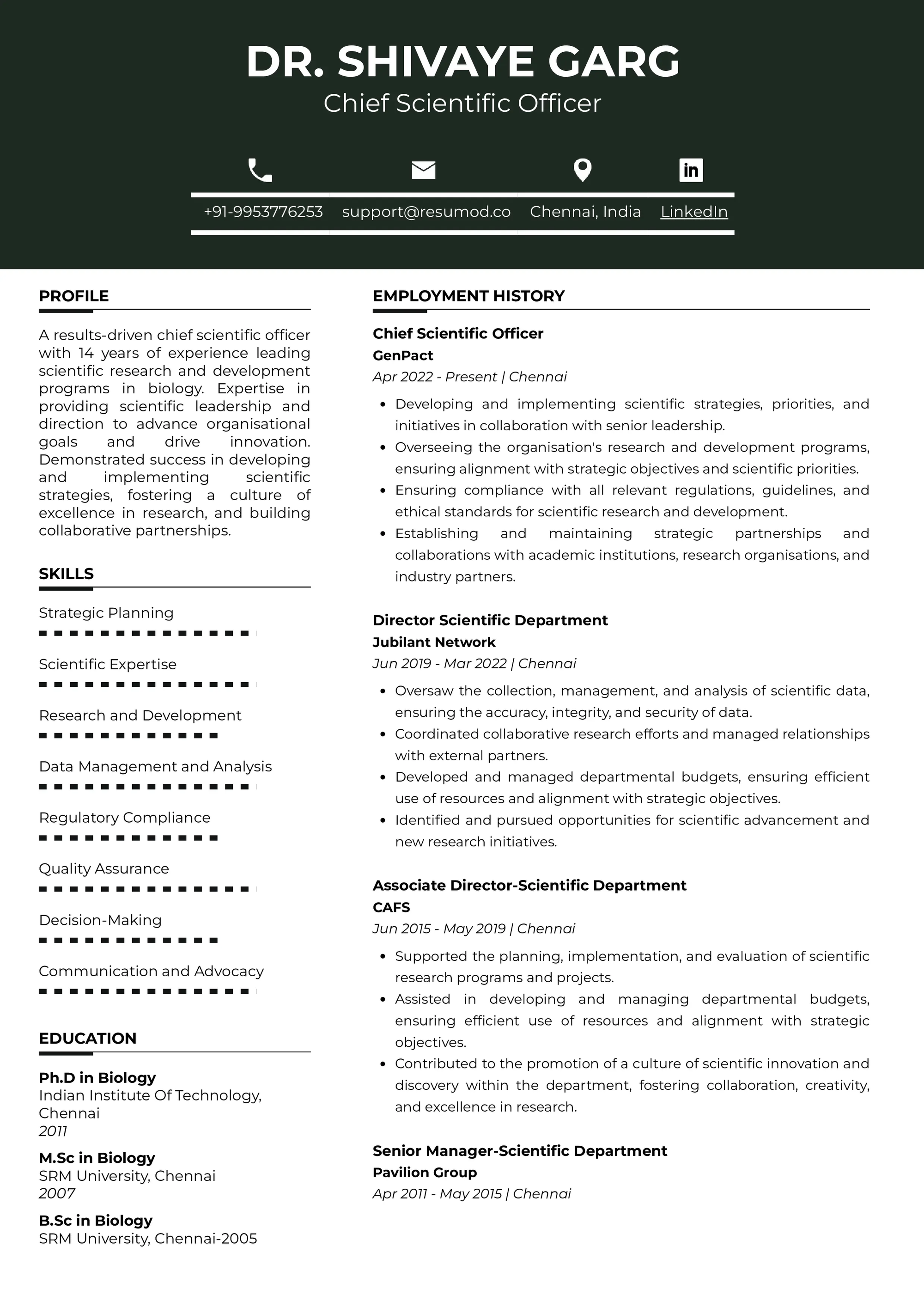 Resume of Chief Scientific Officer built on Resumod.co's AI-powered resume builder