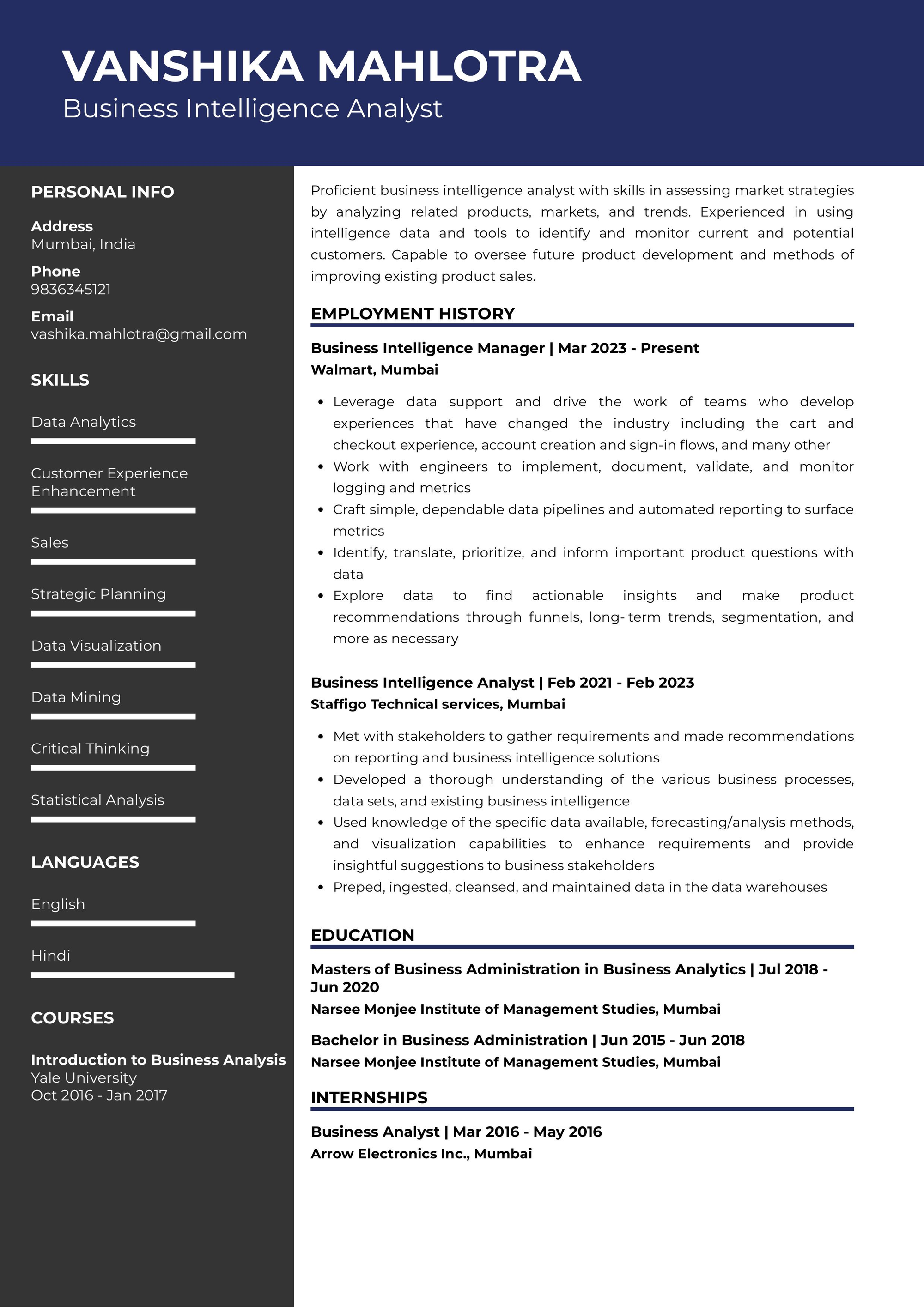 Resume of business intelligence analyst built on resumod.co's AI-powered resume builder