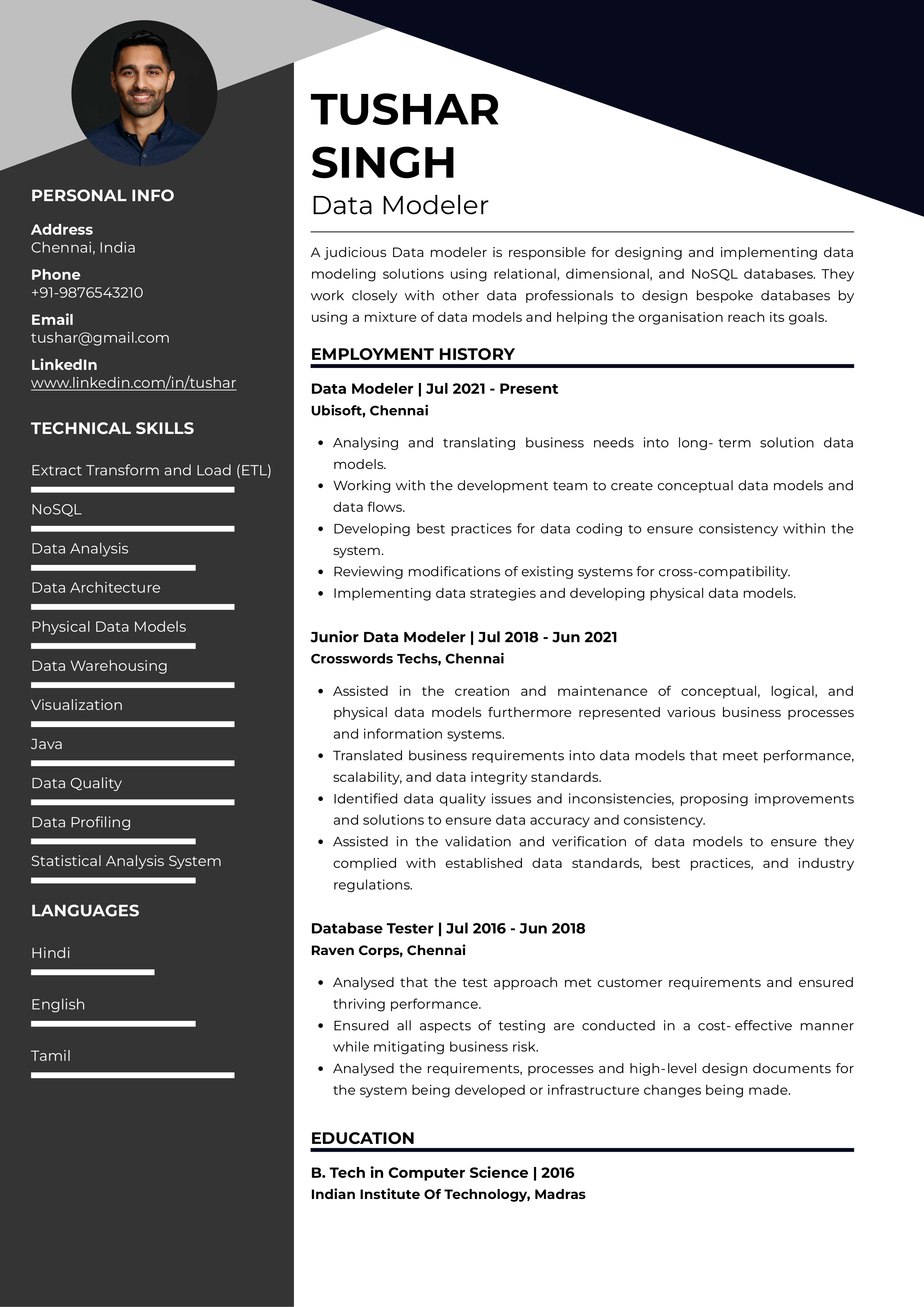 Resume of Data Modeler built on Resumod's AI powered builder