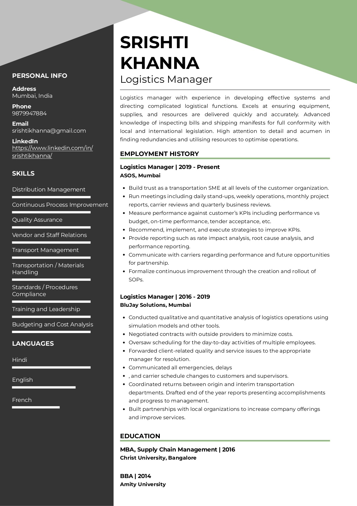 Resume of Logistics Manager built on Resumod.co's AI powered resume builder