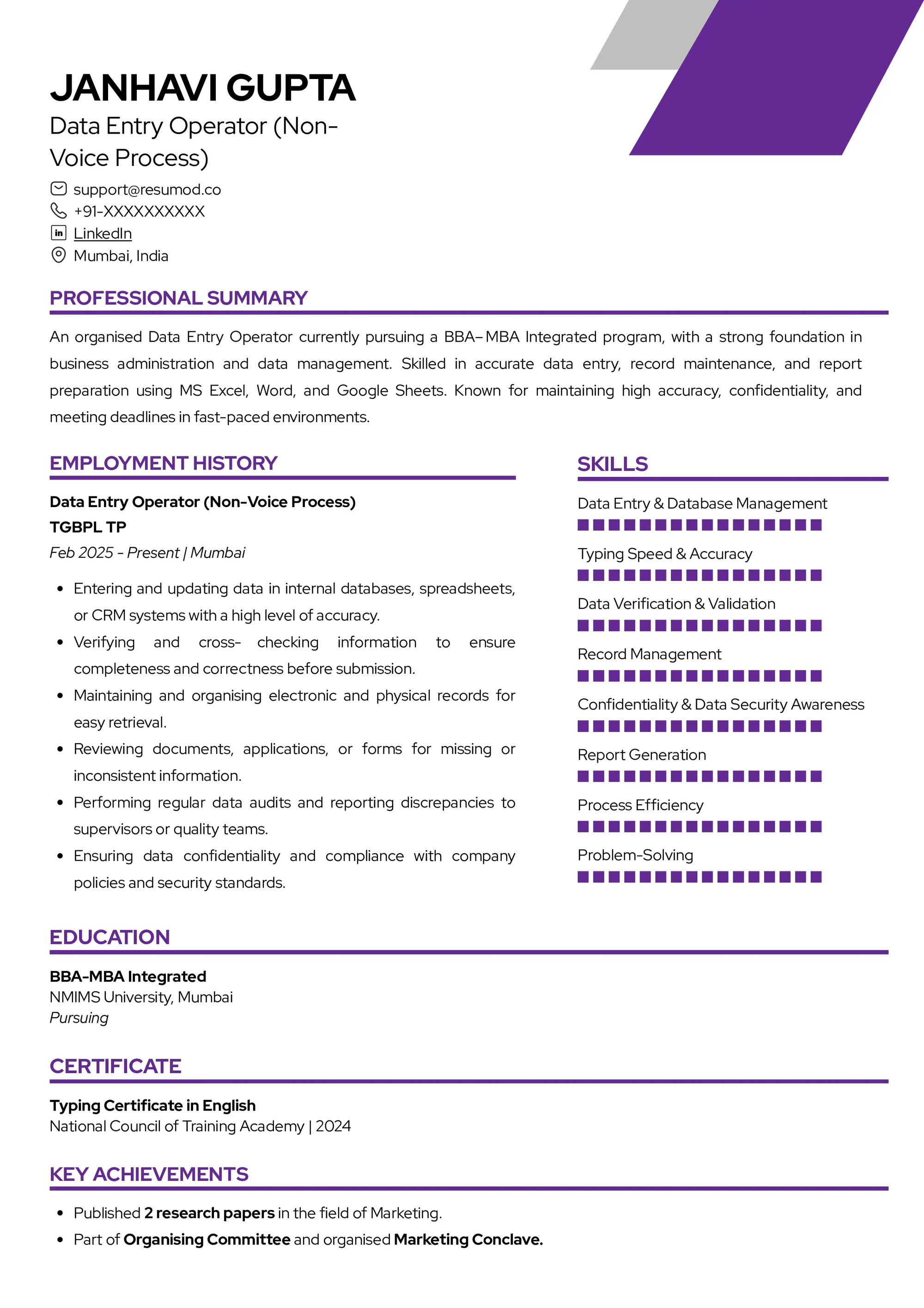 Resume of Data Entry Operator built on Resumod.co's AI-powered resume builder