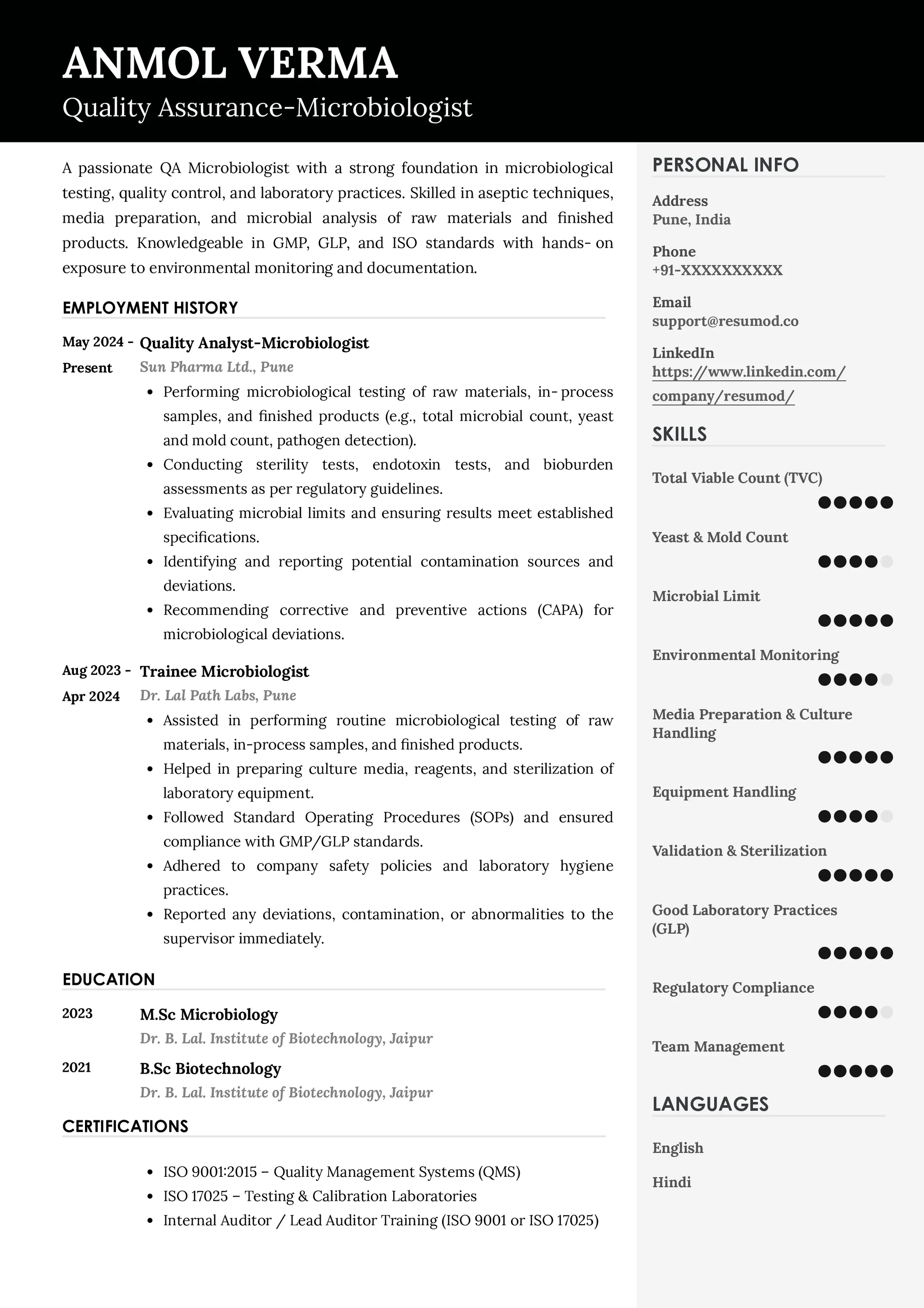 Resume of Quality Assurance Microbiologist built on Resumod.co's AI-powered resume builder