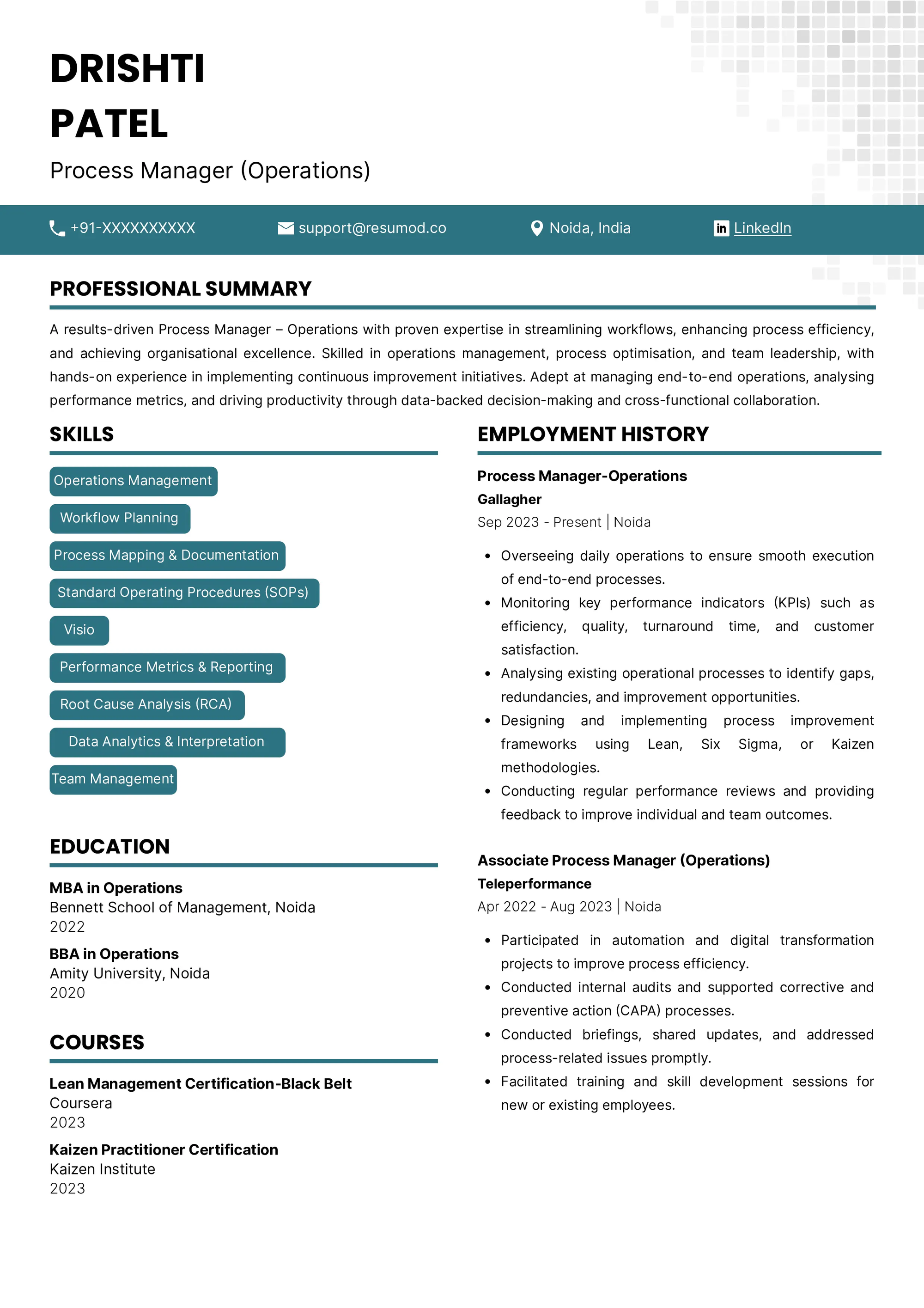 Resume of Process Manager (Operations) built on Resumod.co's AI-Powered Resume Builder