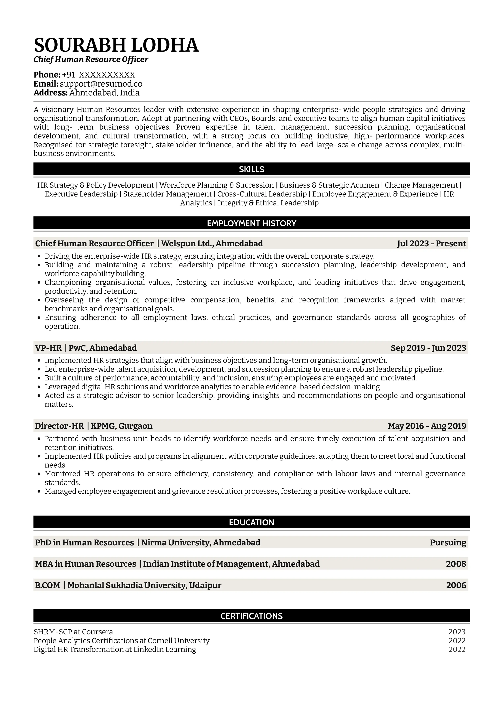 Resume of CHRO (Chief Human Resource Officer) built on Resumod.co's AI-Powered resume builder
