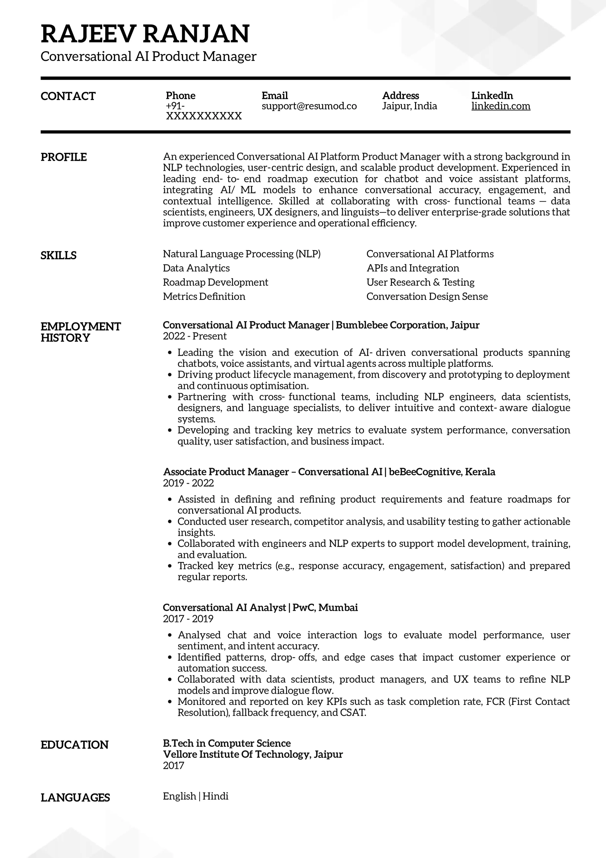 Resume of Conversational AI Product Manager built on Resumod.co's AI-Powered Resume bulder