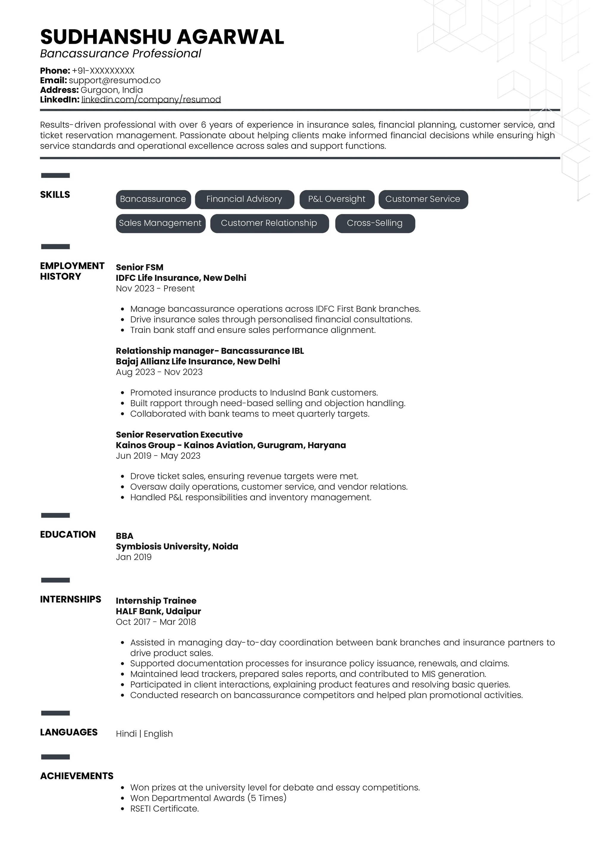 Resume of Bancassurance Professional built on Resumod.co's AI-Powered Resume bulder