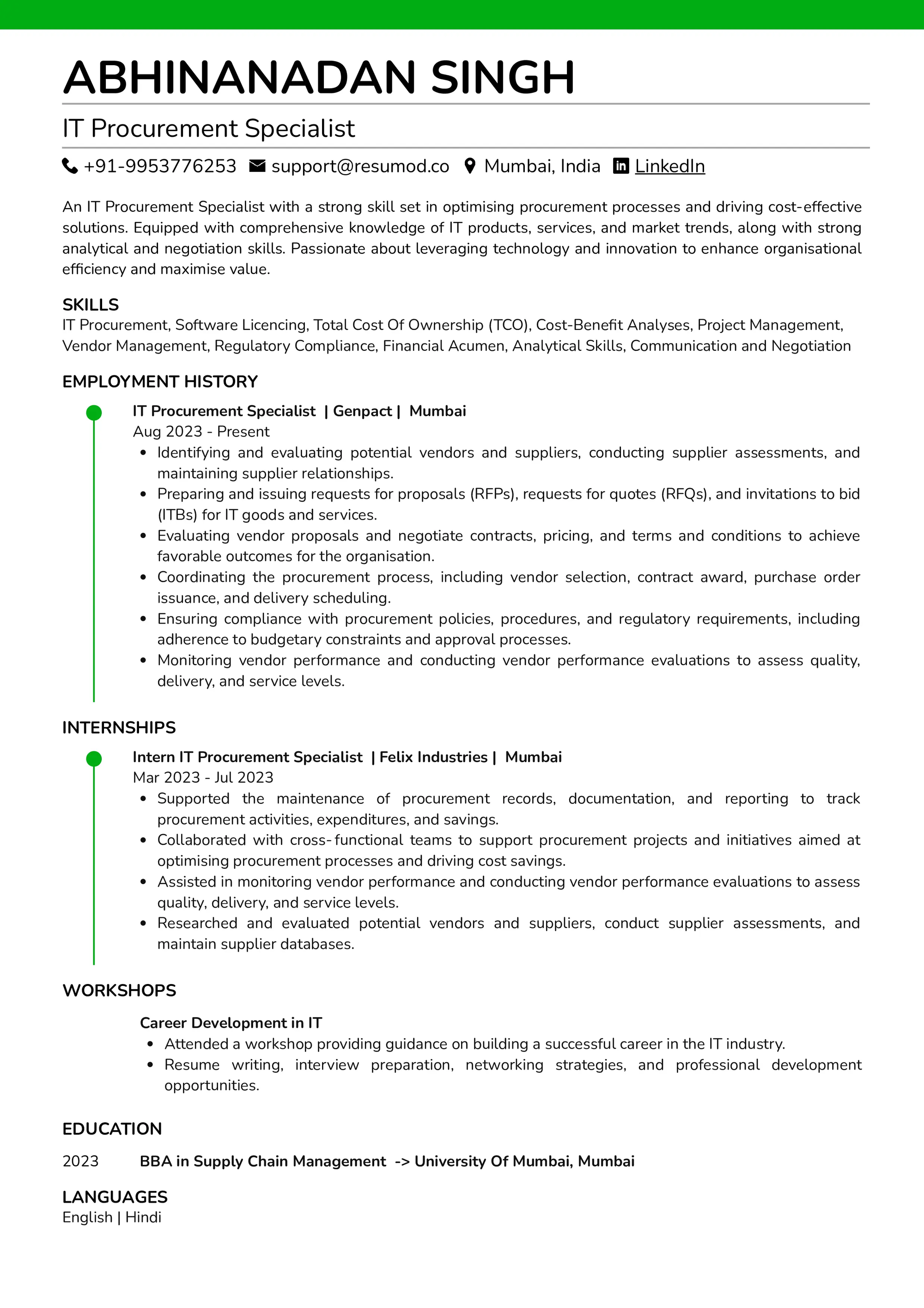 Resume of Procurement Specialist built on Resumod.co's AI-powered Resume builder