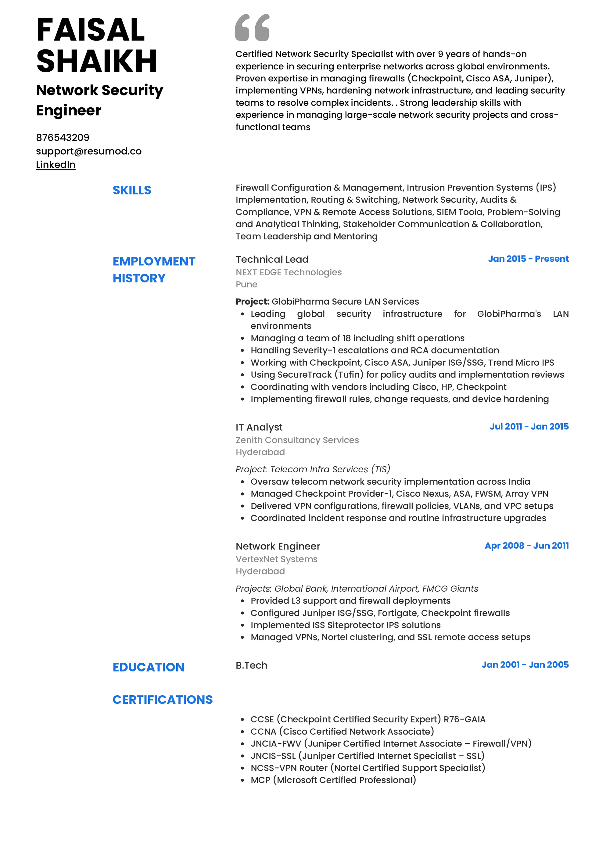 Resume of Network Security Engineer built on Resumod.co's AI powered resume builder