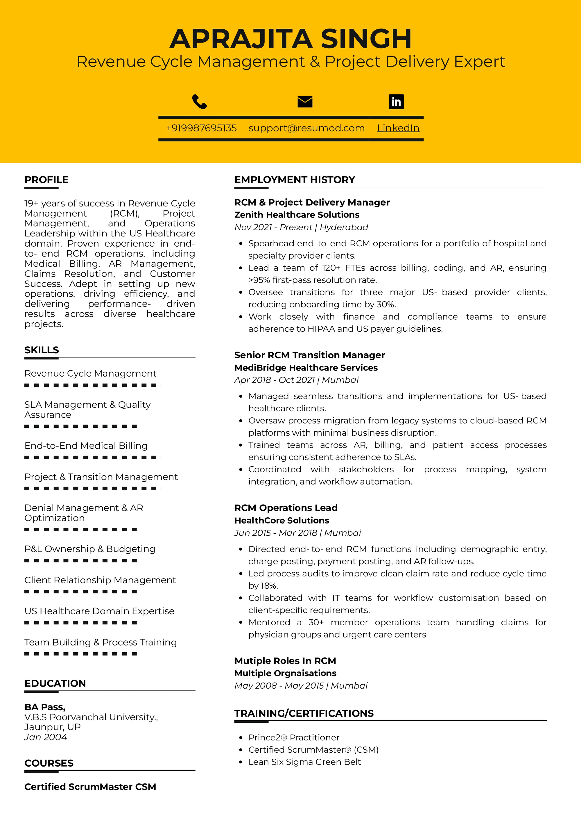 Resume of Revenue Cycle Management & Project Delivery Expert built on Resumod.co's AI powered resume builder