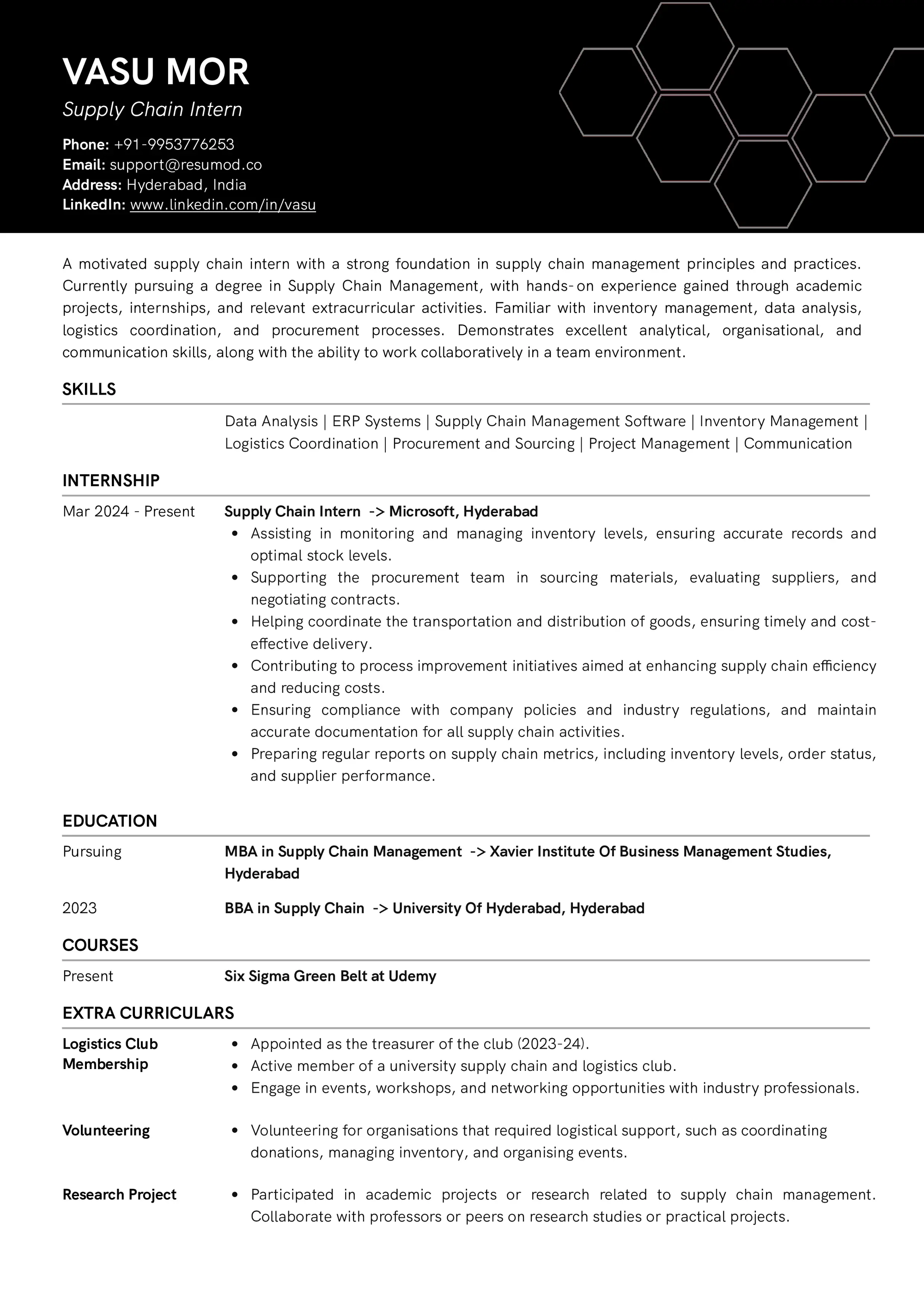 Resume of Supply Chain Management Intern built on Resumod.co's AI-powered Resume builder