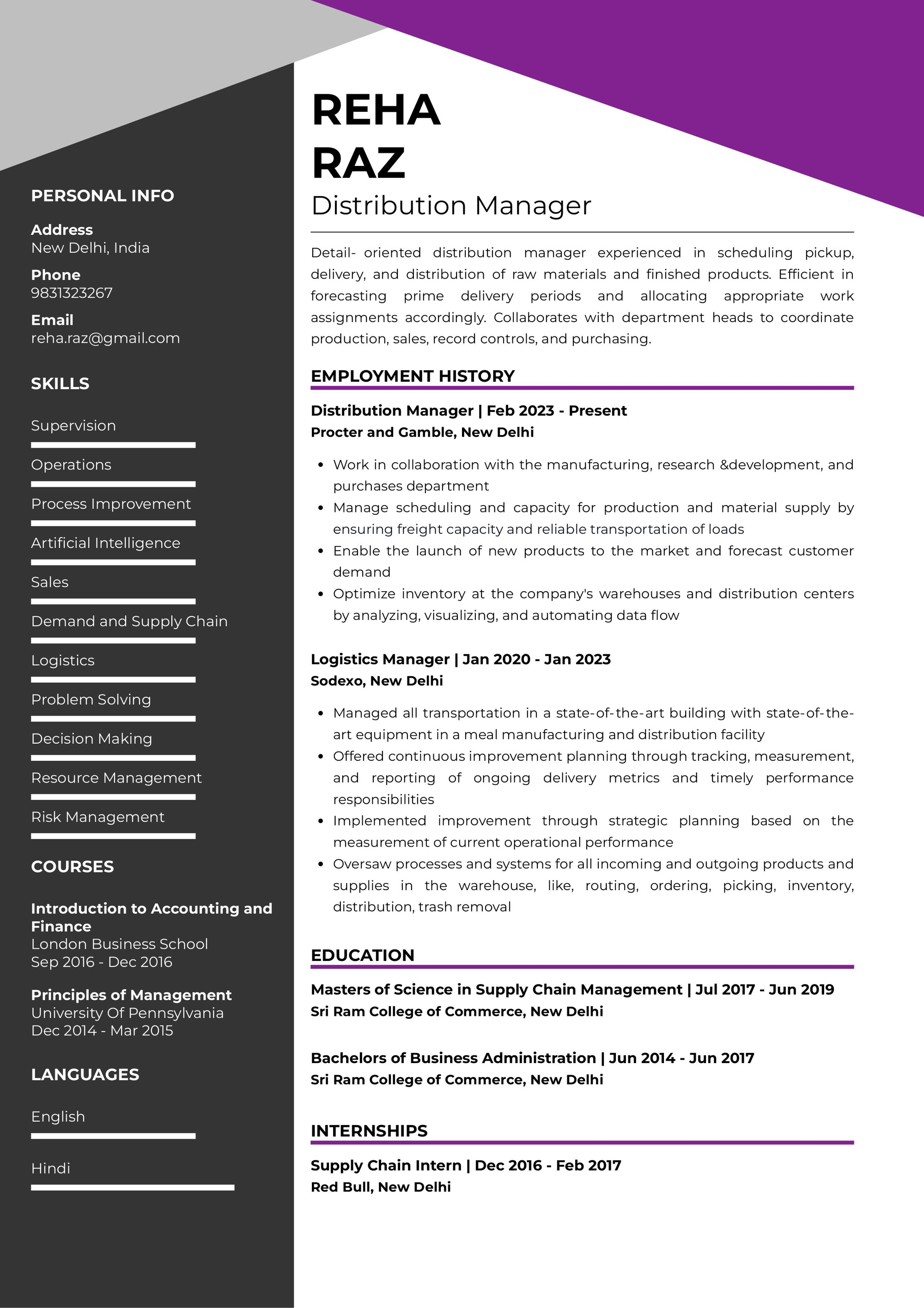 Resume of Distribution Manager built on Resumod.co's AI-poweredResume builder