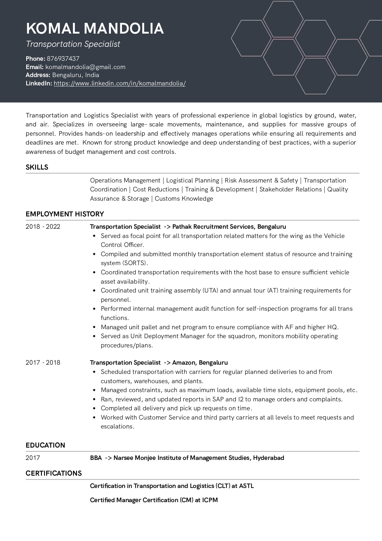 Resume of Transportation Specialist built on Resumod.co's AI-powered Resume builder