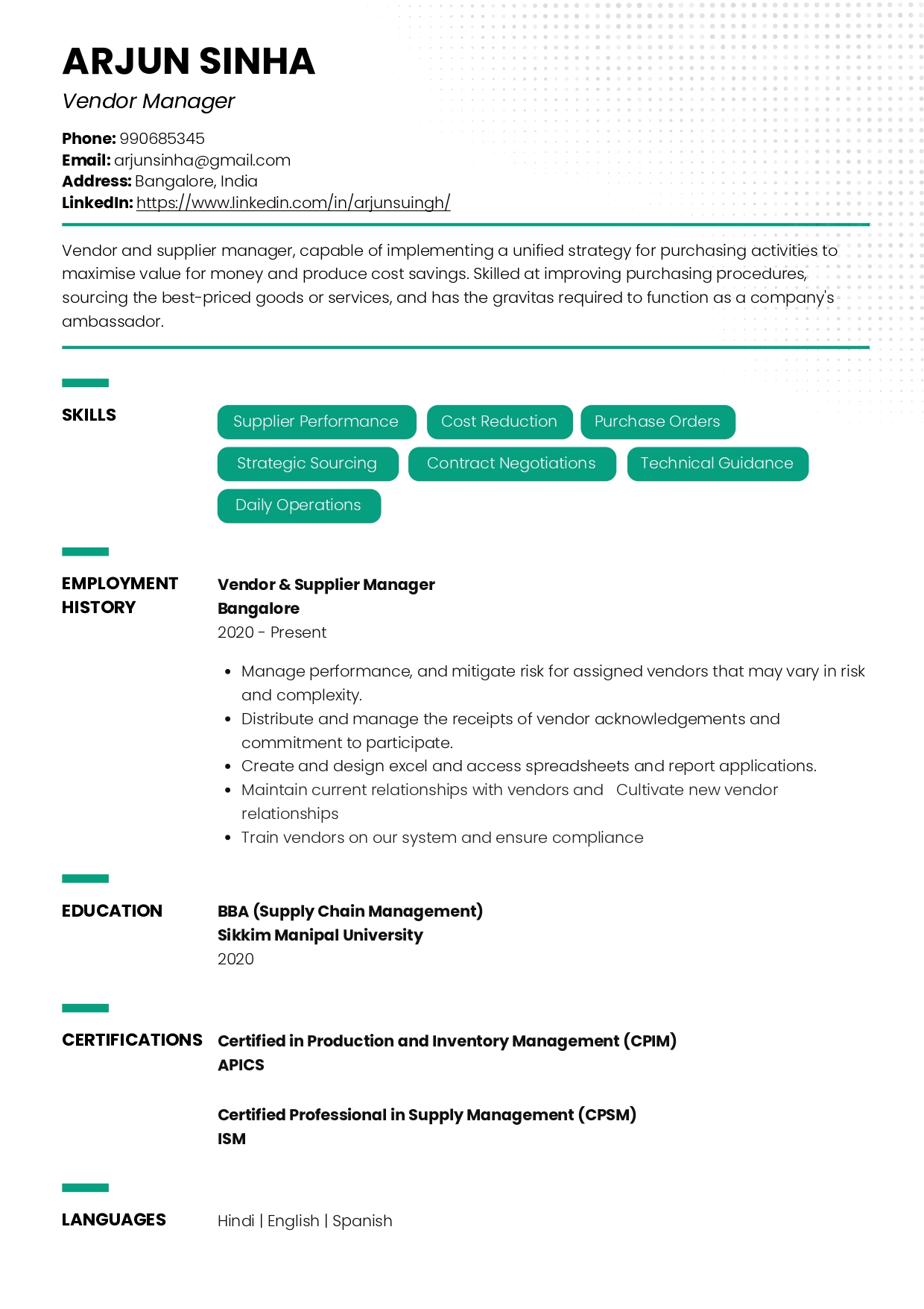 Resume of Vendor Manager built on Resumod.co's AI powered resume builder