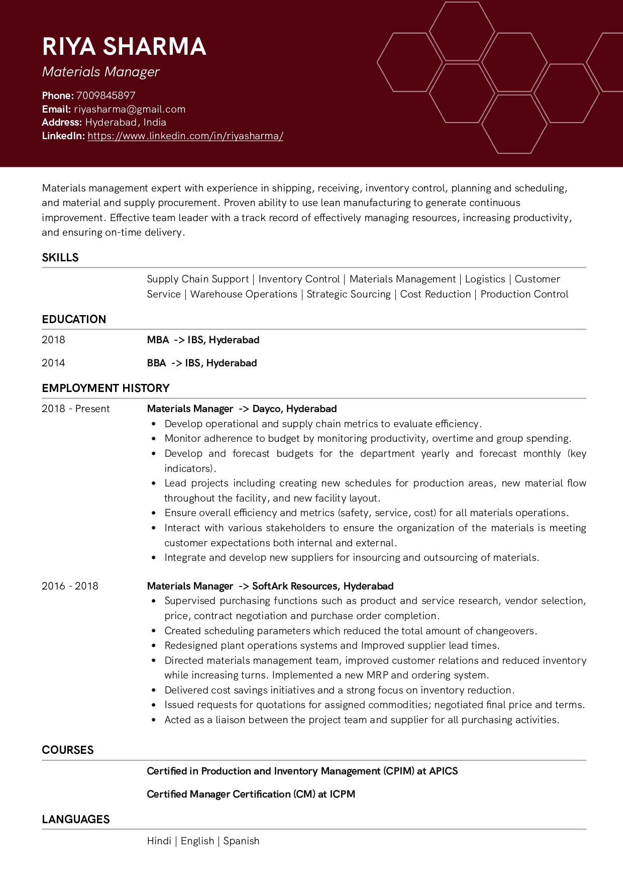 Resume of Materials Manager built on Resumod.co's AI powered resume builder