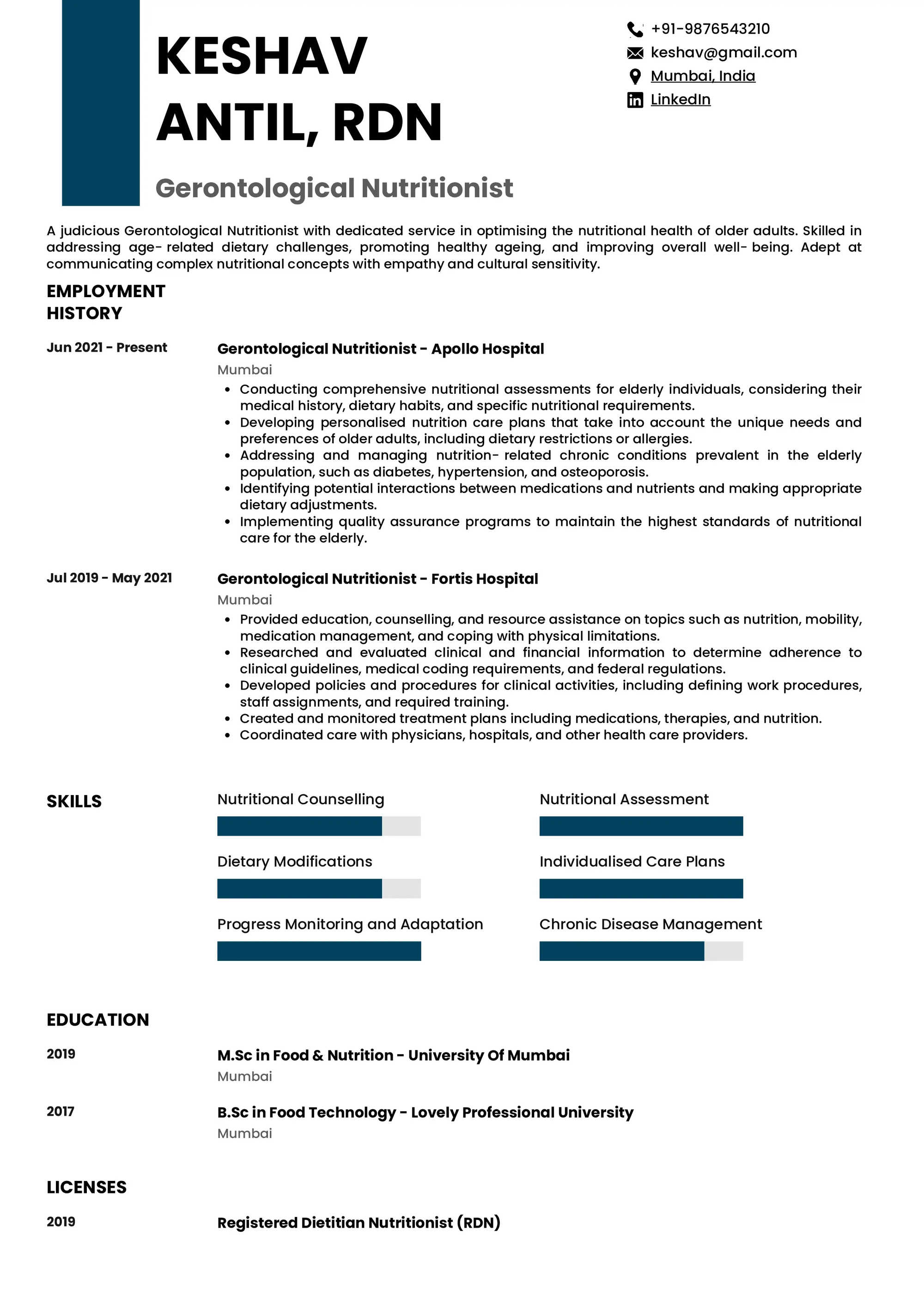 Resume of Gerontological Nutritionist
