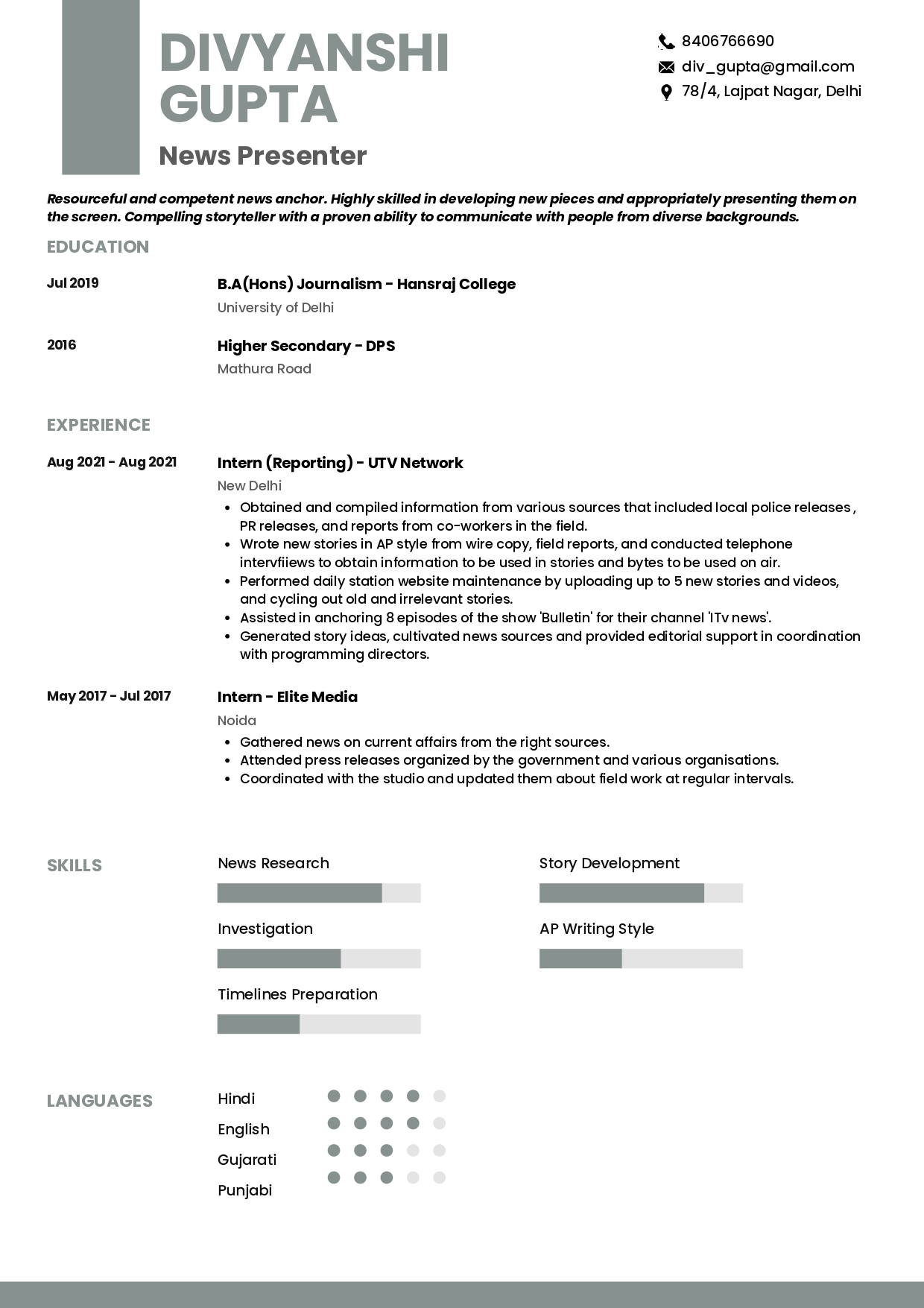 Resume of Journalism Intern built on Resumod.co
