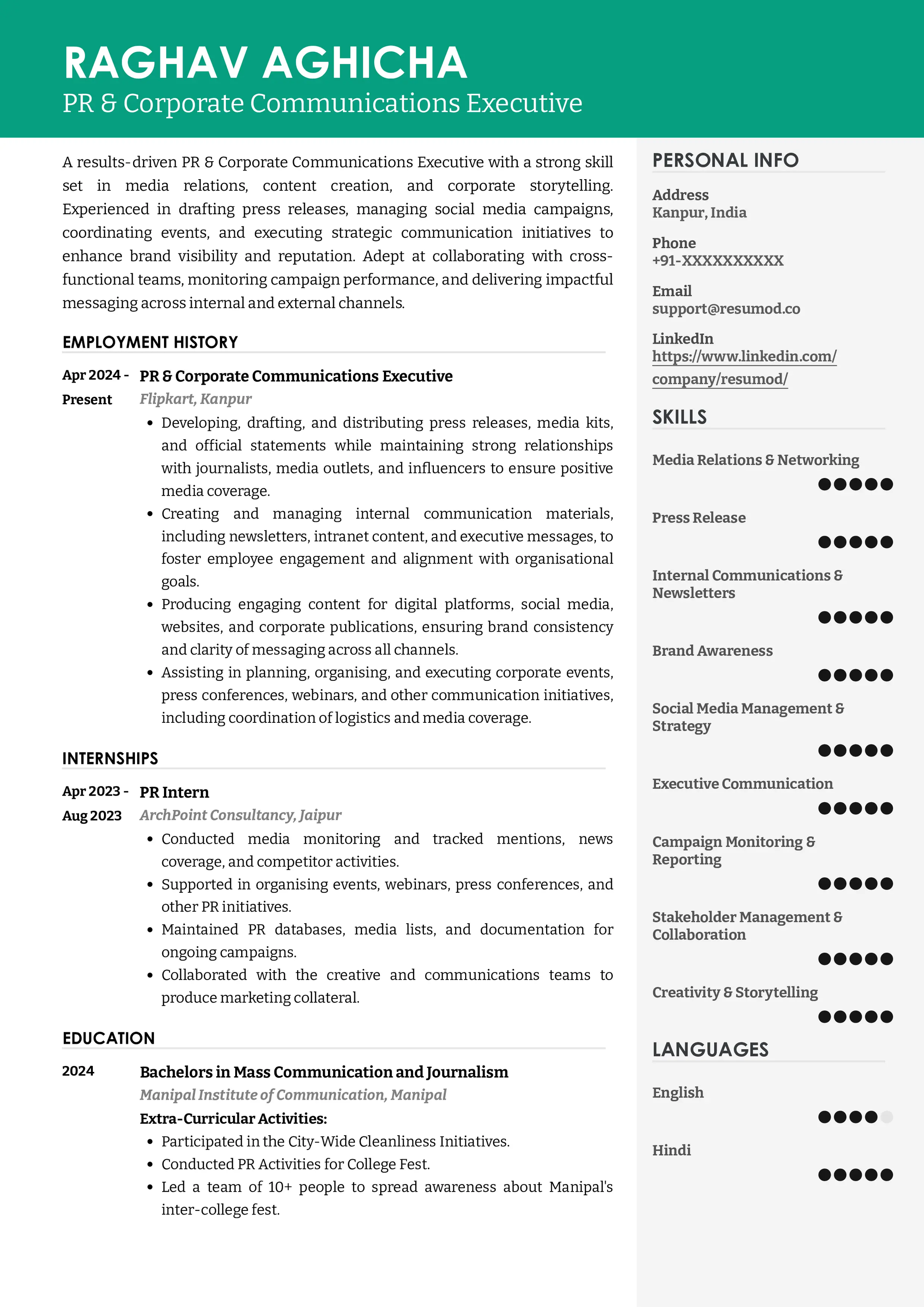 Resume of PR and Corporate Communication Executive built on Resumod.co