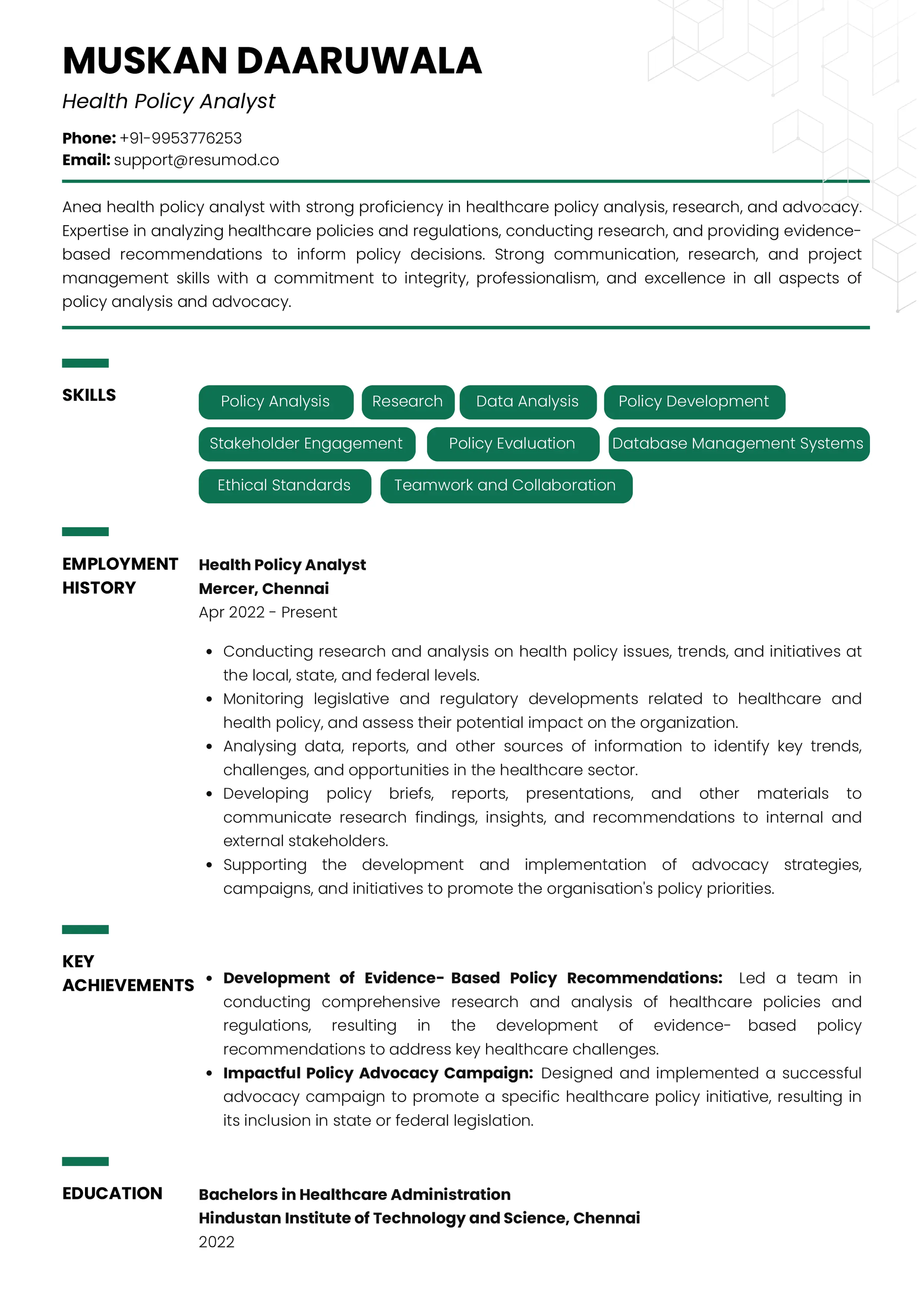 Resume of Healthcare Policy Analyst