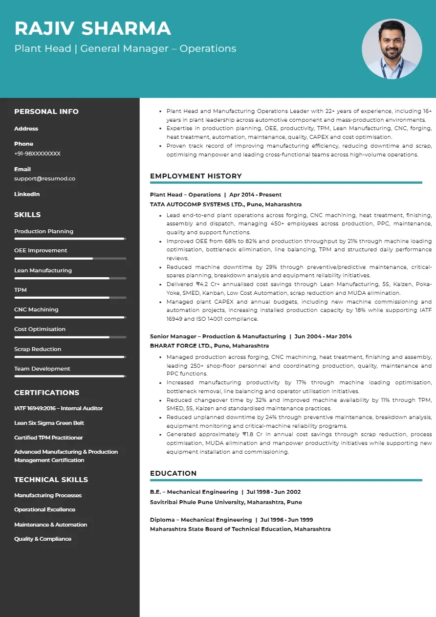 Sample resume of a Plant Head