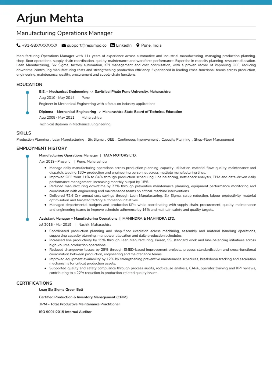 Sample resume of Manufacturing Operations Manager