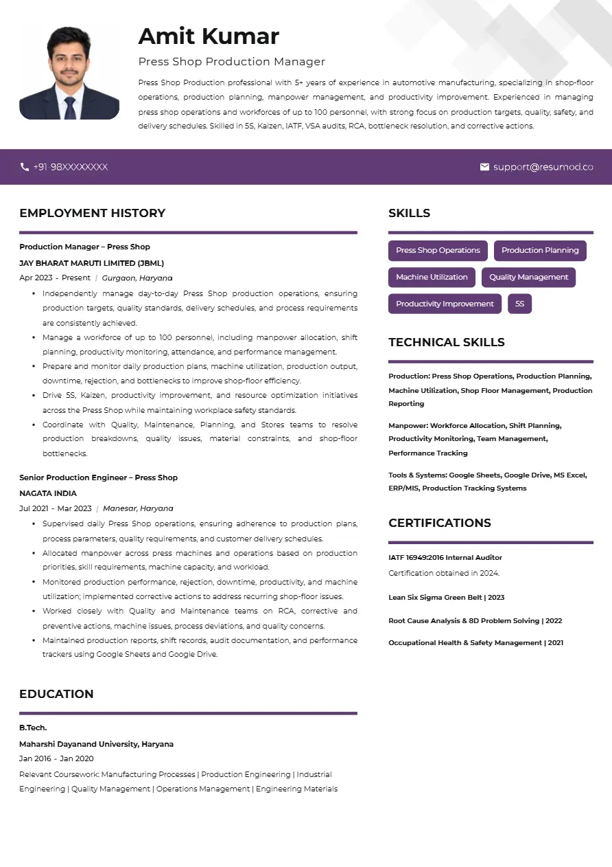 Sample resume of Press Shop Production Manager