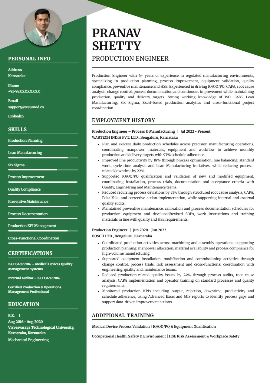 Sample Resume of Production Engineer