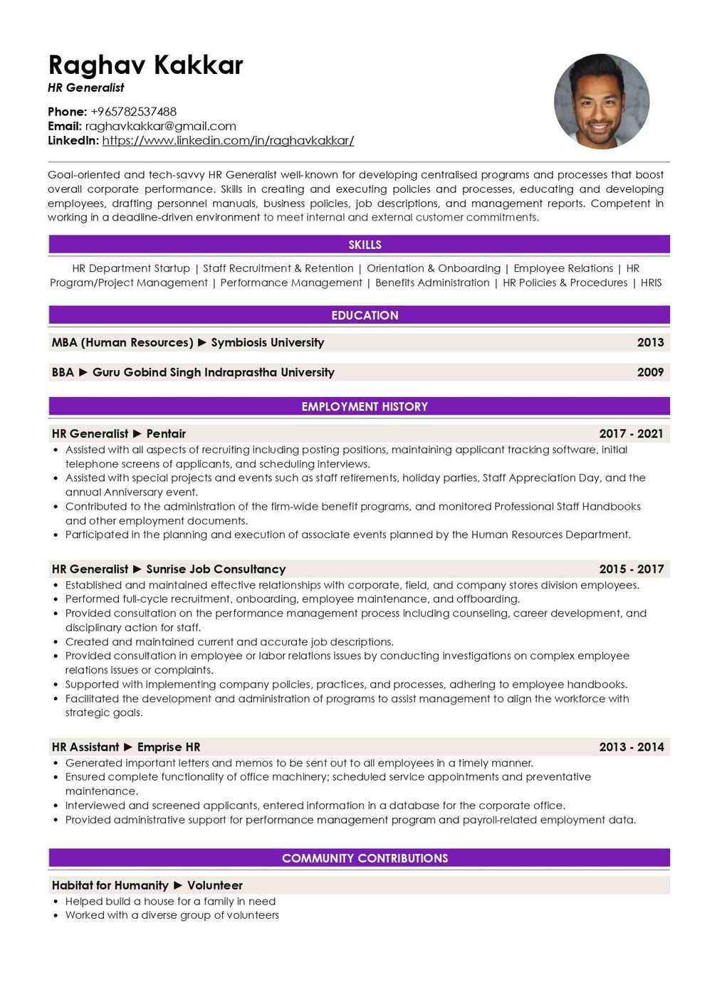 resume format for fresher hr job