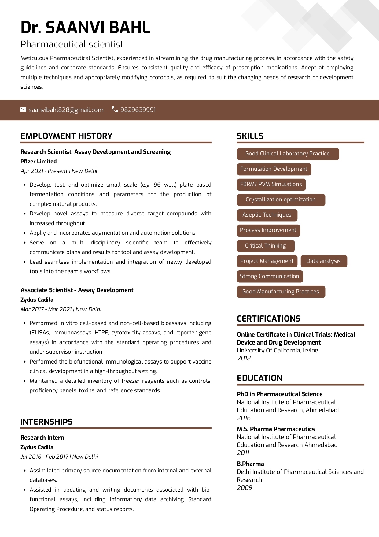 resume format for pharma jobs