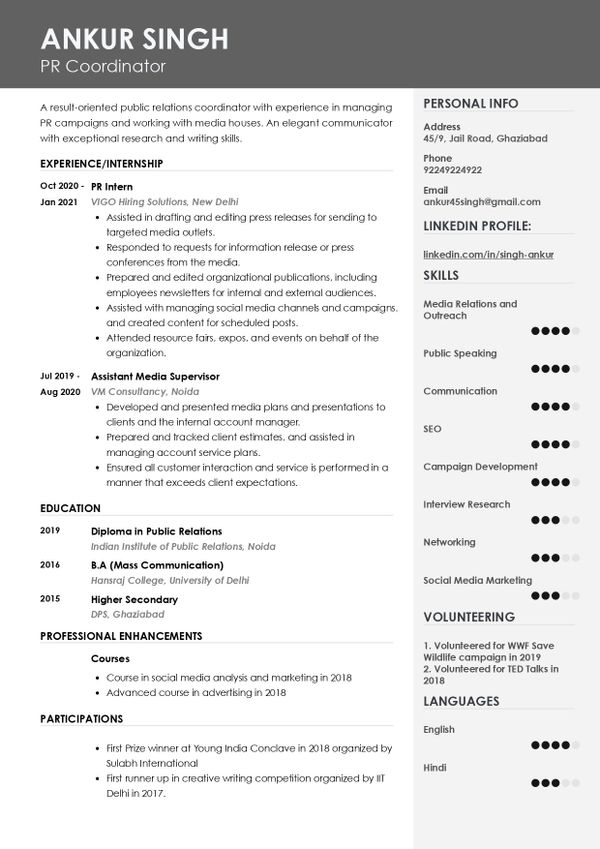 Pr Coordinator's Resume built using Resumod's resume builder