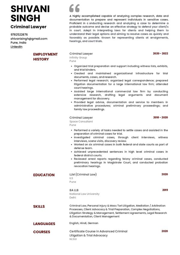 legal job resume format