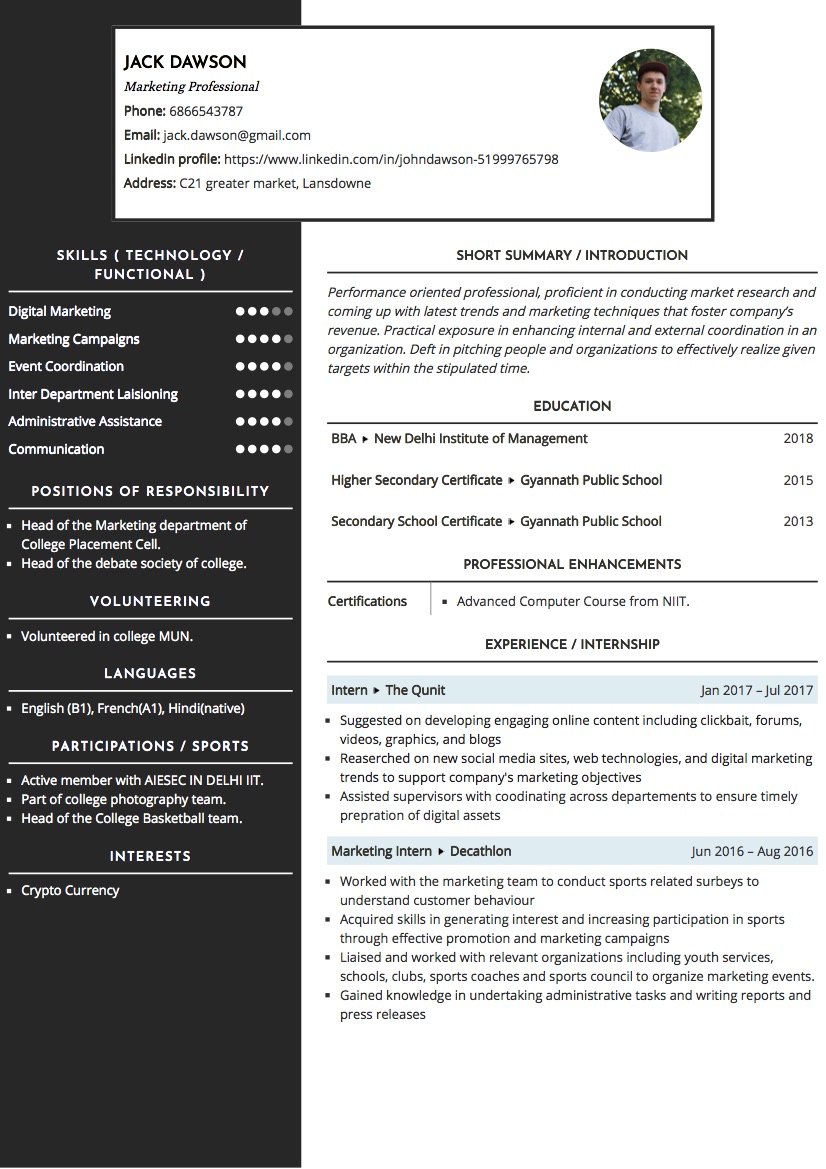 Sample Resume of Marketing Intern (BBA) with Template & Writing Guide