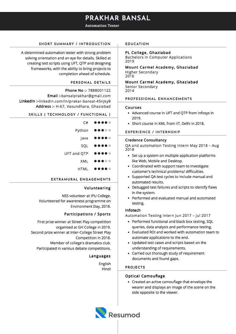 Sample Resume For Selenium Automation Tester Fresher Terrysemaa