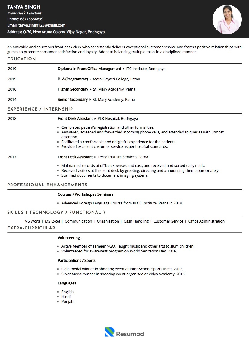 resume of front office executive in hospital