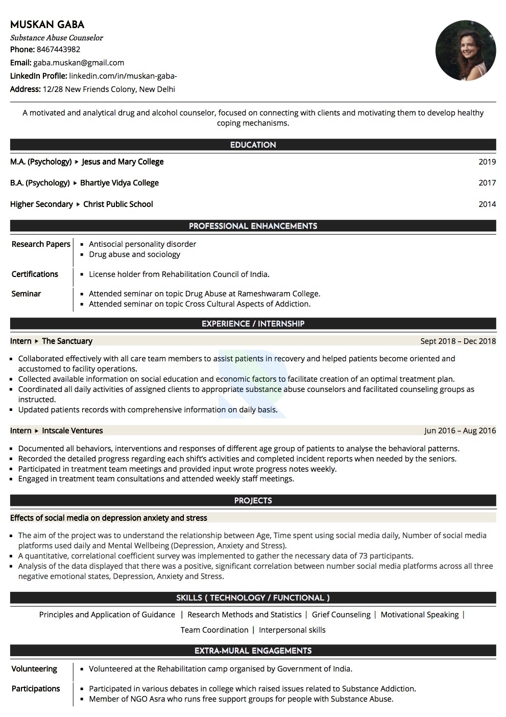 Resume of Substance Abuse Counselor