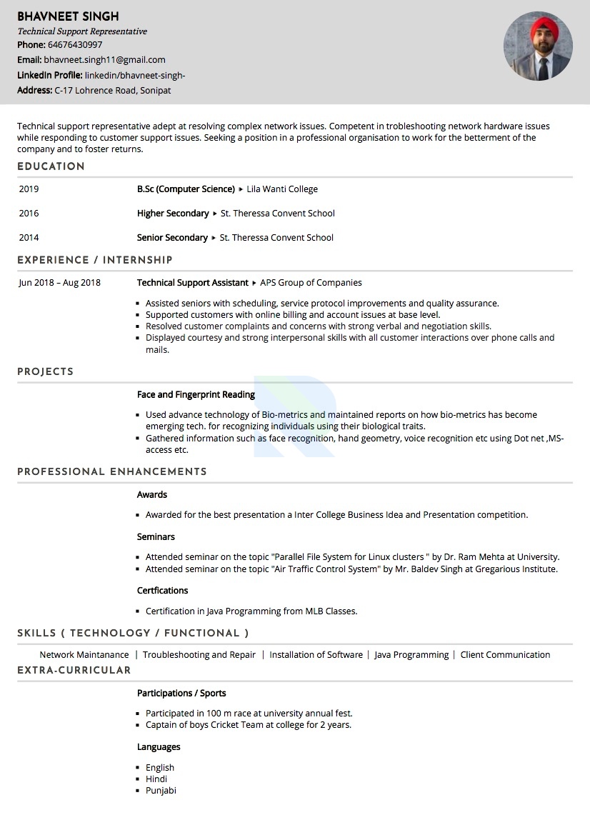 resume for technical support engineer fresher