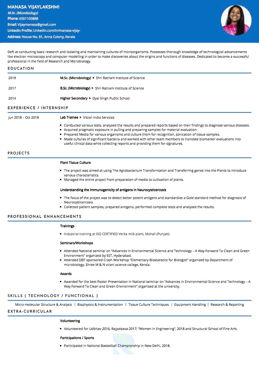 resume format for microbiology freshers