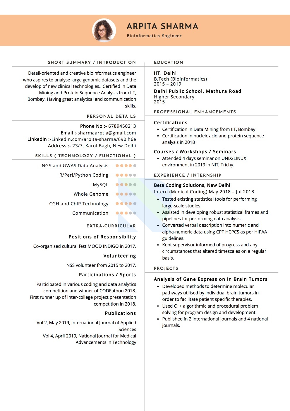 Resume of Bioinformantics Engineer 