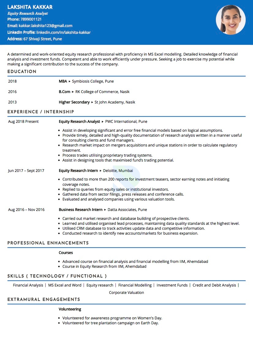 Resume of Equity Research Analyst