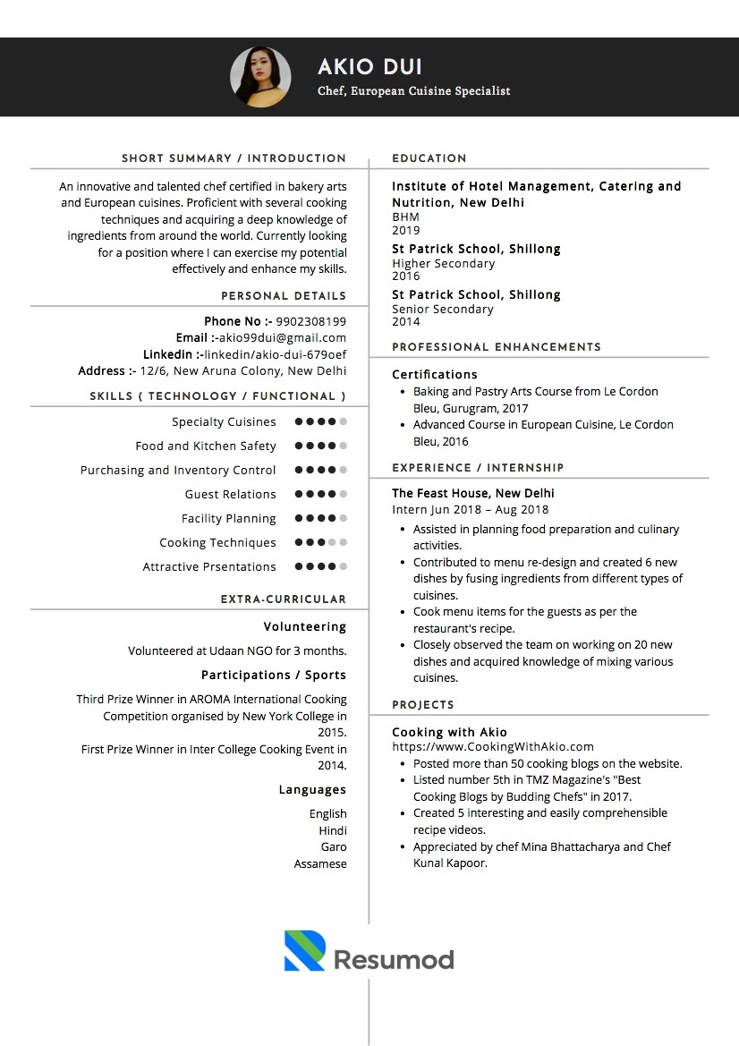 Resume of Chef (Commis, Sous)