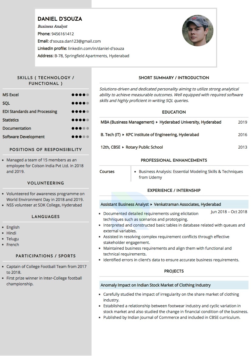 Resume of Business Analyst