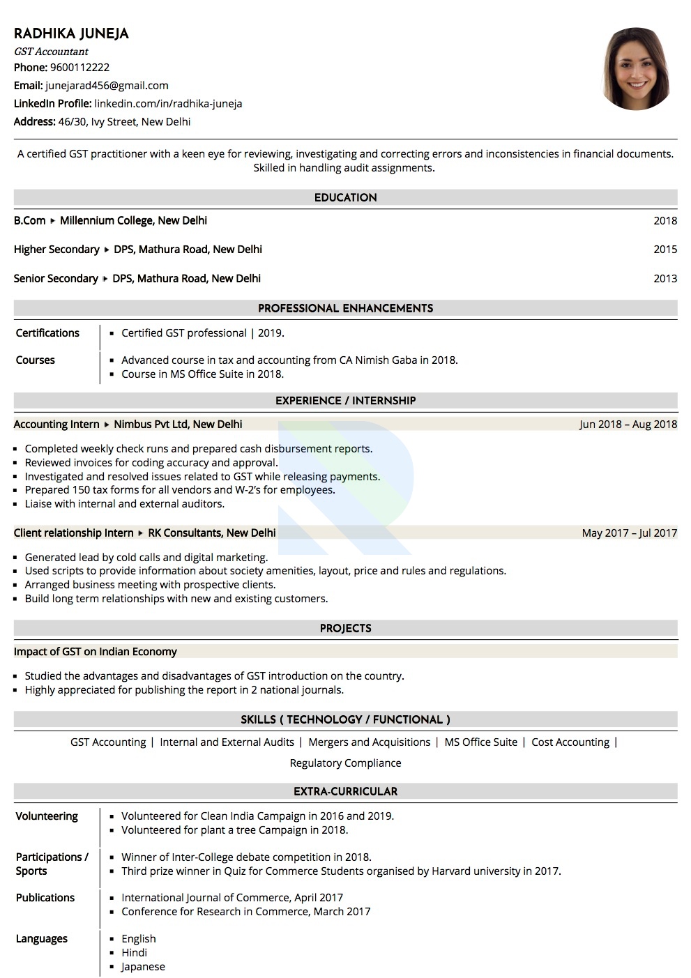 resume for gst profile