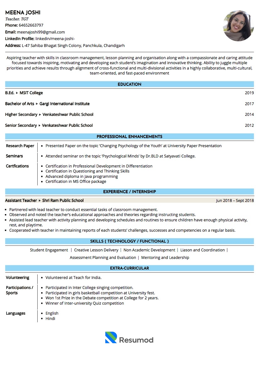 Sample Resume Of Primary School Teacher TGT With Template Writing 