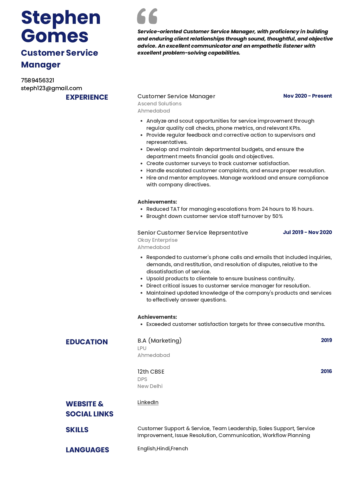 Resume of Customer Service Manager