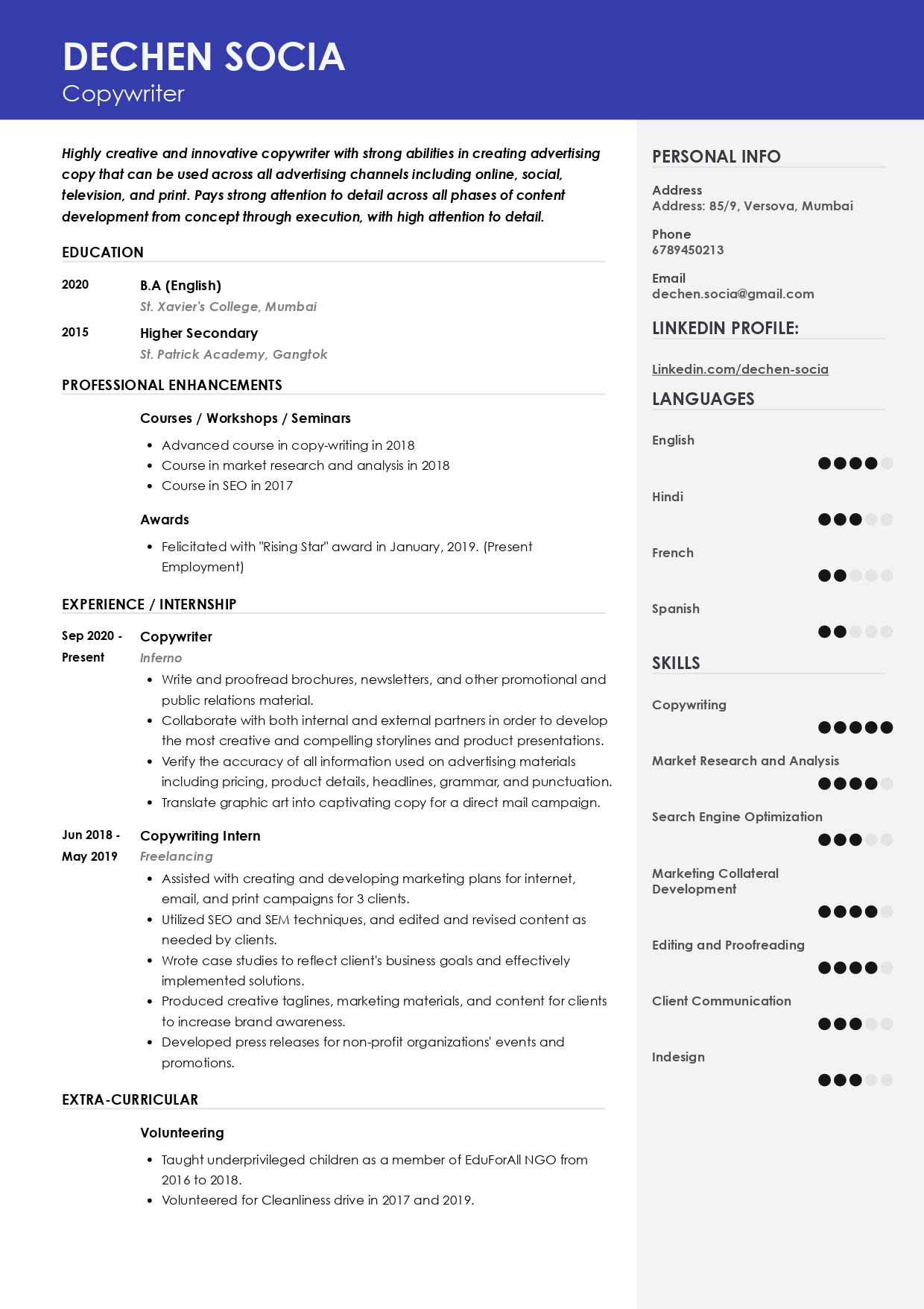 Sample Resume of Copywriter with Template & Writing Guide Resumod.co