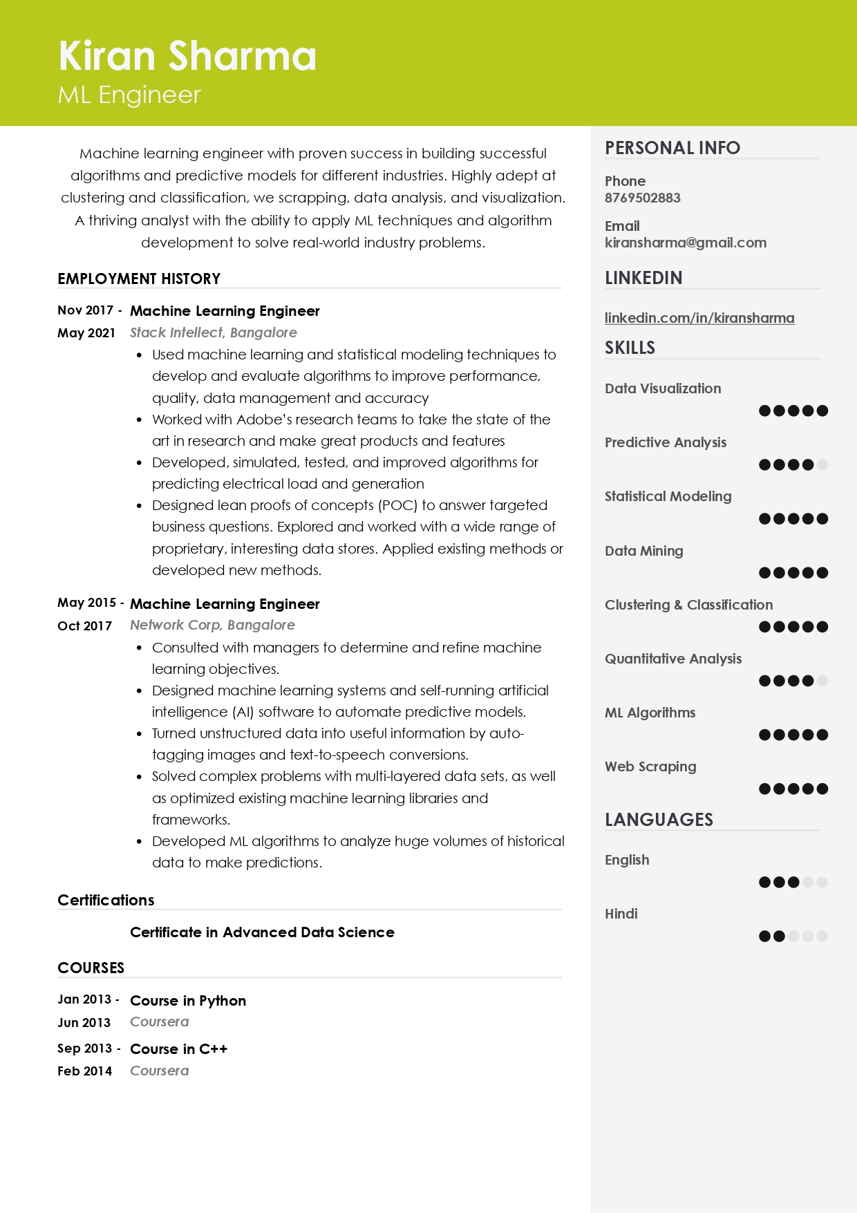 Resume of Machine Learning (ML) Engineer