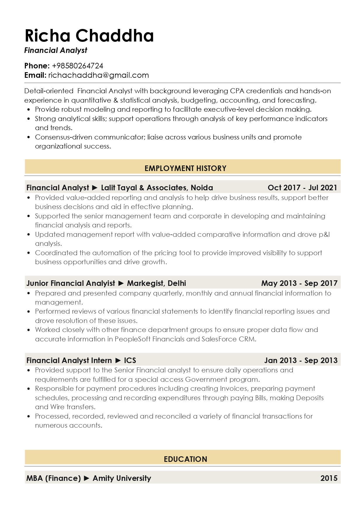 Resume of Financial Analyst