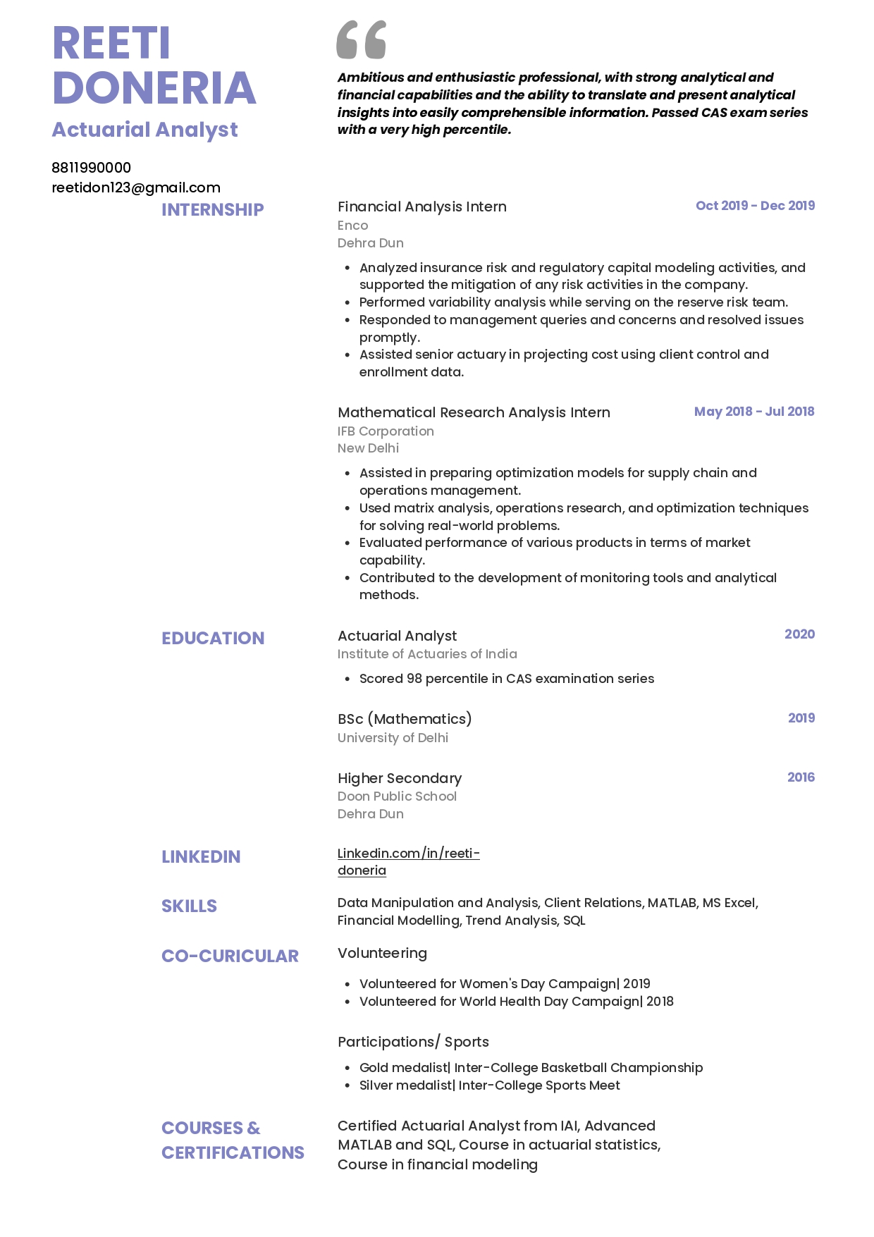 Resume of Actuarial Analyst