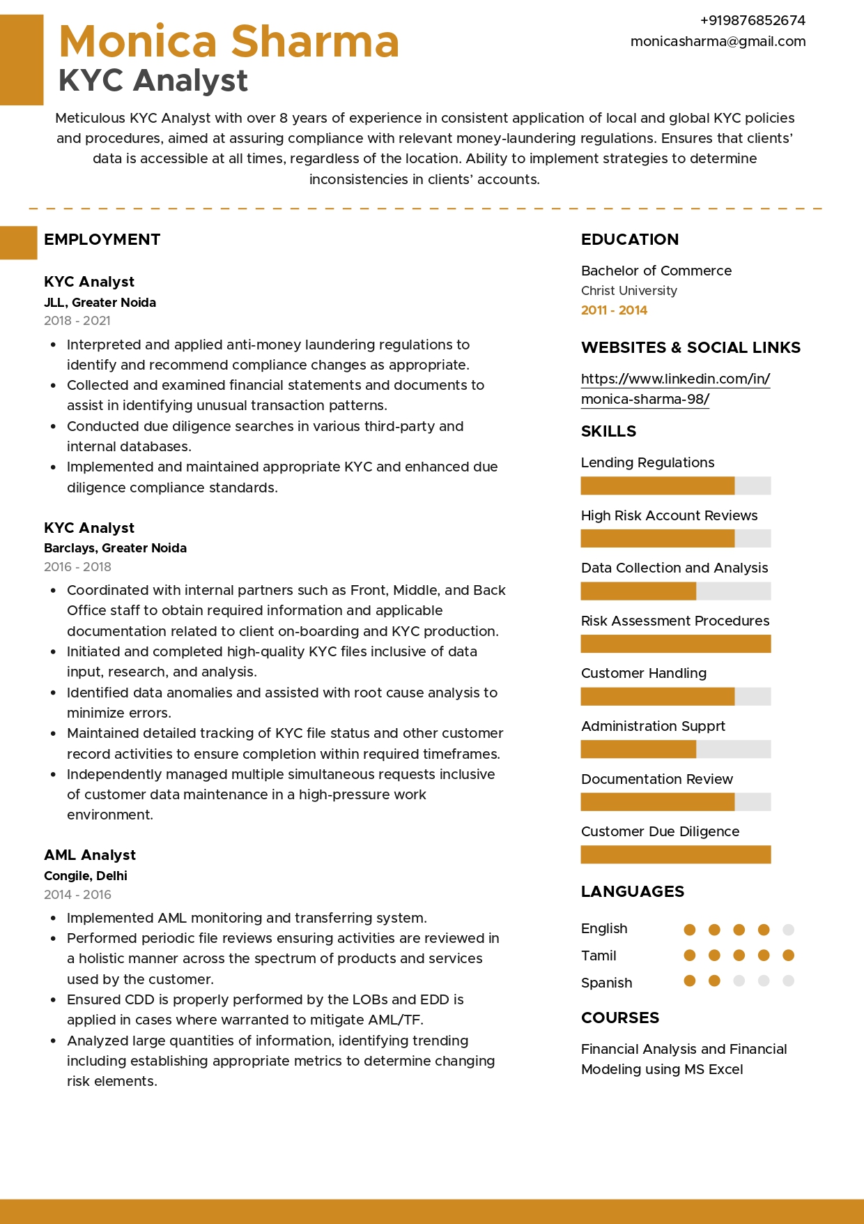 Sample Resume of KYC Analyst with Template & Writing Guide | Resumod.co