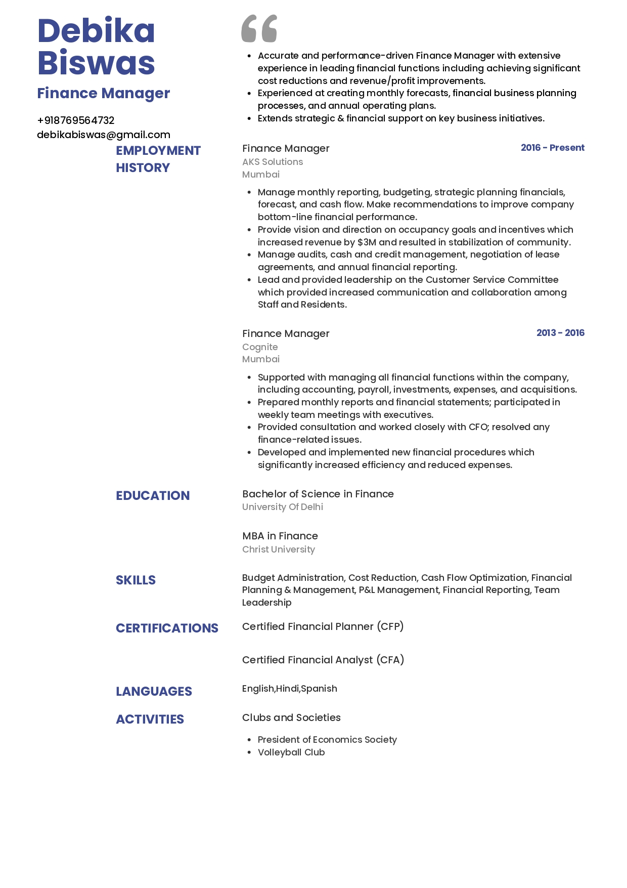 Resume of Finance Manager