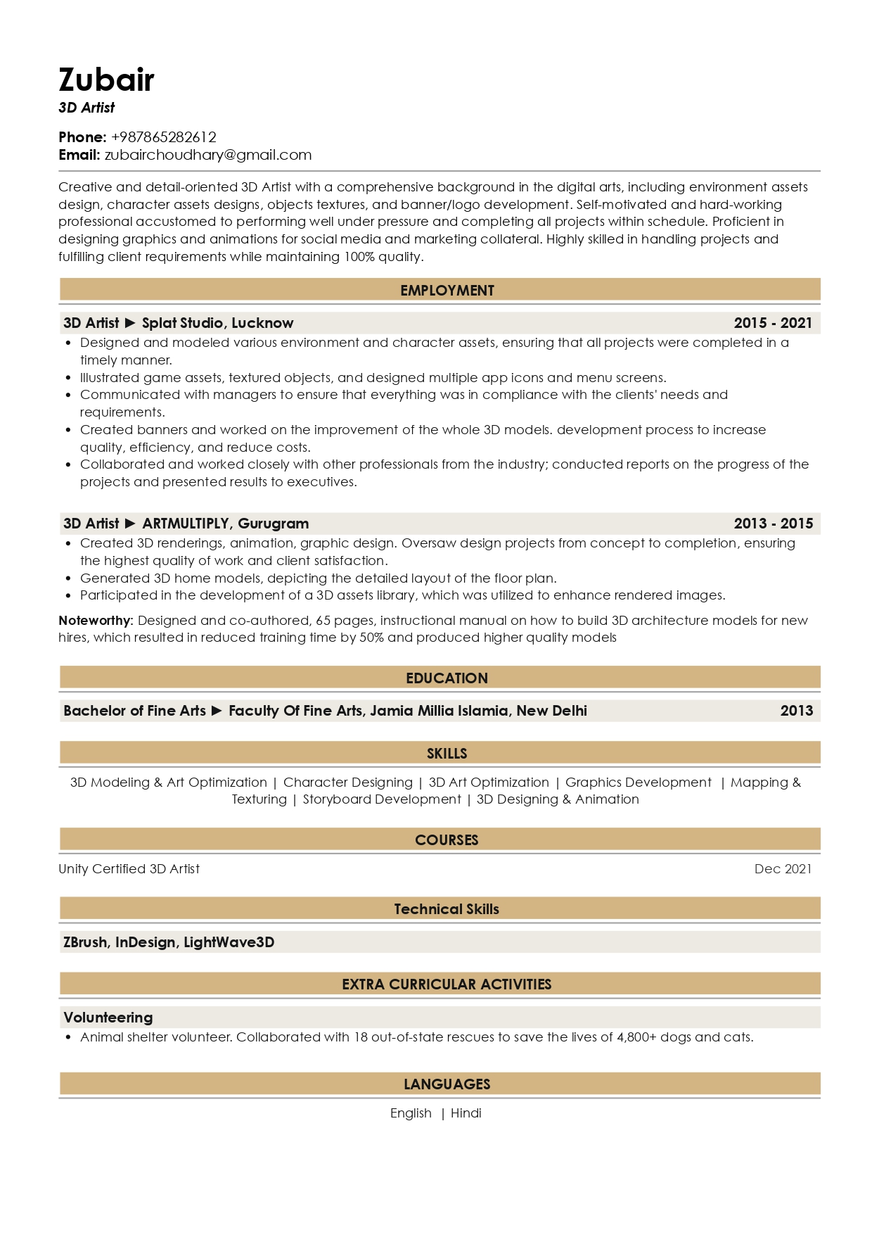 Sample Resume of 3D Artist with Template & Writing Guide 